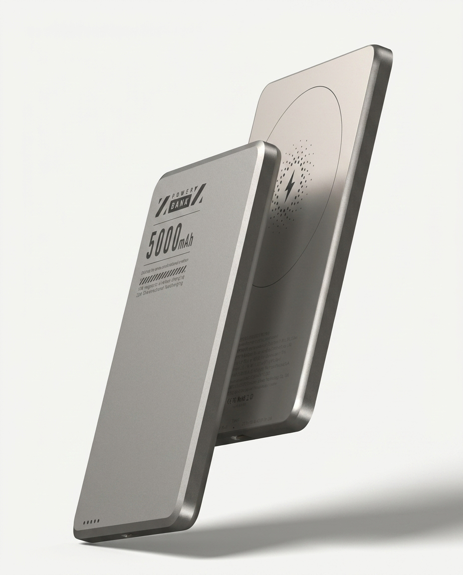 The 5000 mAh power bank in silver, shown from both sides with the wireless charging ring visible