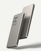 The 5000 mAh power bank in silver, shown from both sides with the wireless charging ring visible
