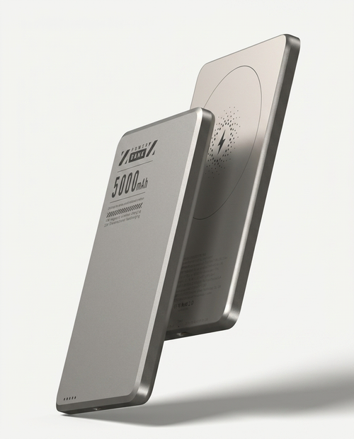 A sleek, metallic silver portable power bank shown from two angles, floating against a light gray background. One side displays 'ZHIYI' and '5000mAh' text, while the other shows a circular wireless charging indicator.