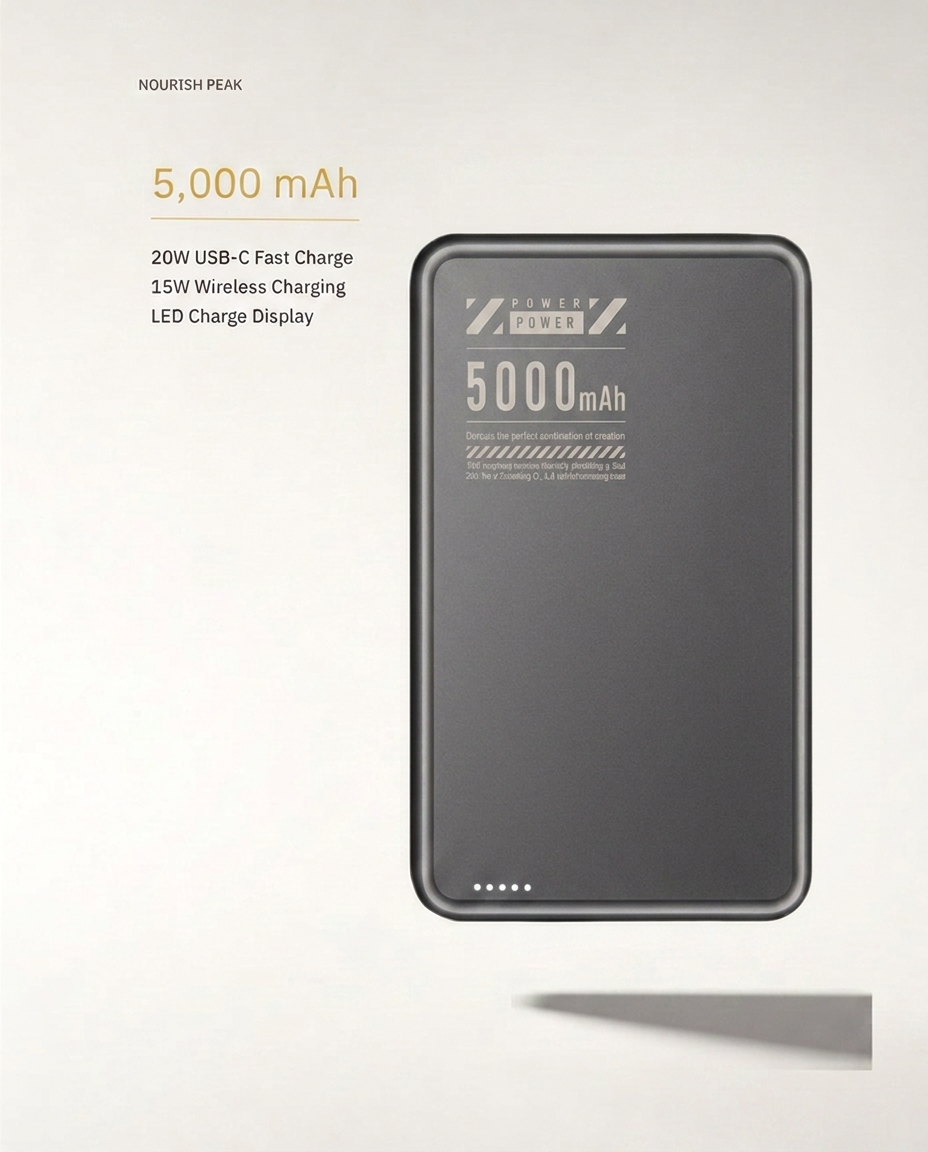 Specification card for the 5000 mAh power bank, listing output, wireless charging and build