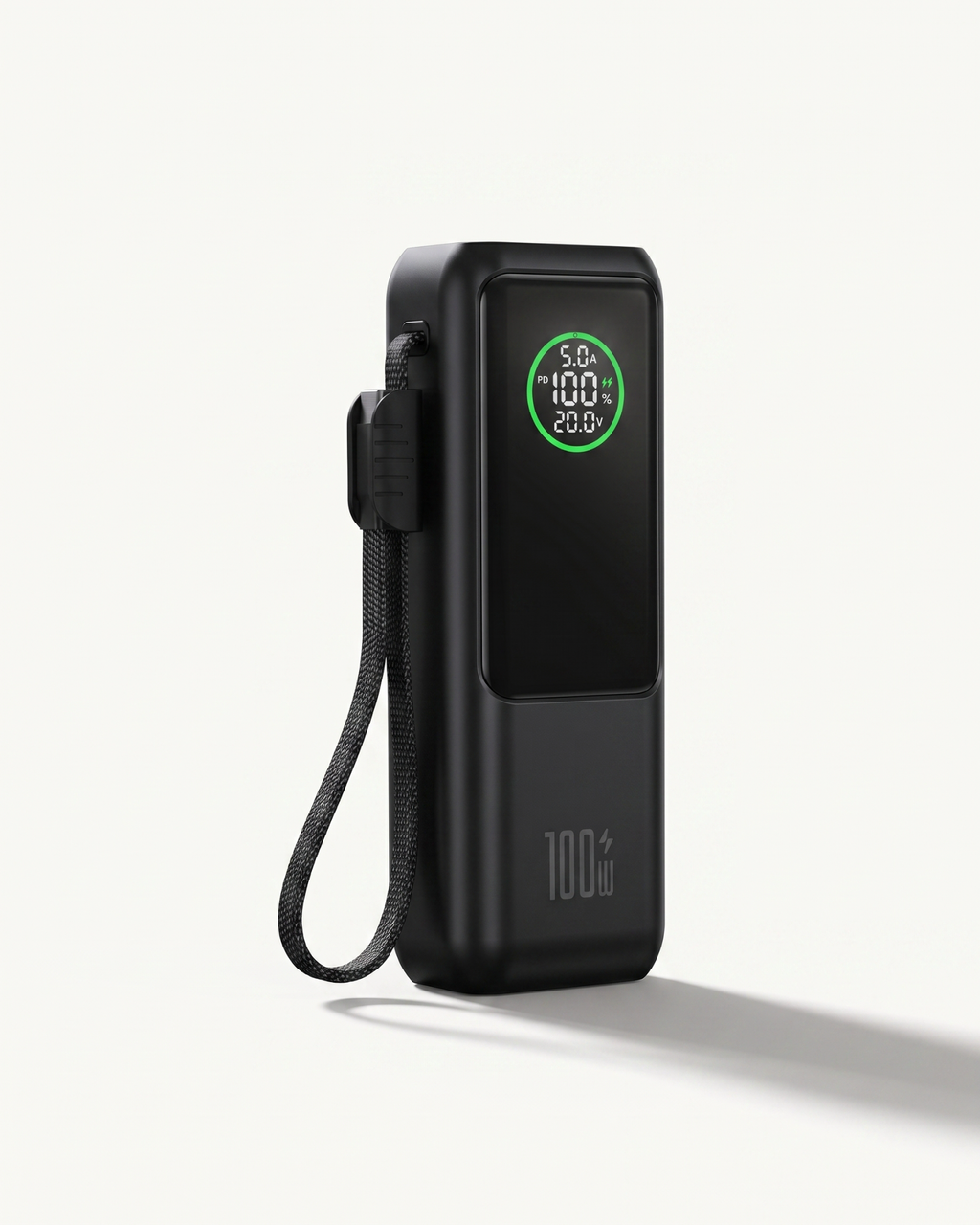 26800mAh black portable power bank with glowing green LCD charge display and 100W fast charge
