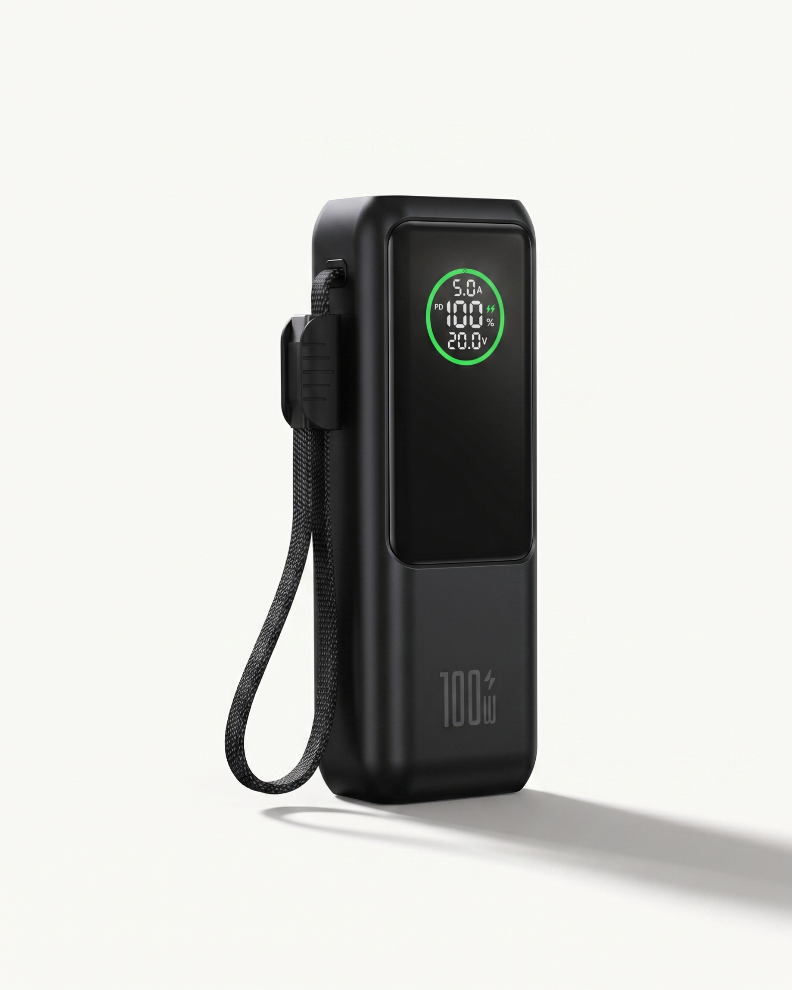 26800mAh black portable power bank with glowing green LCD charge display and 100W fast charge