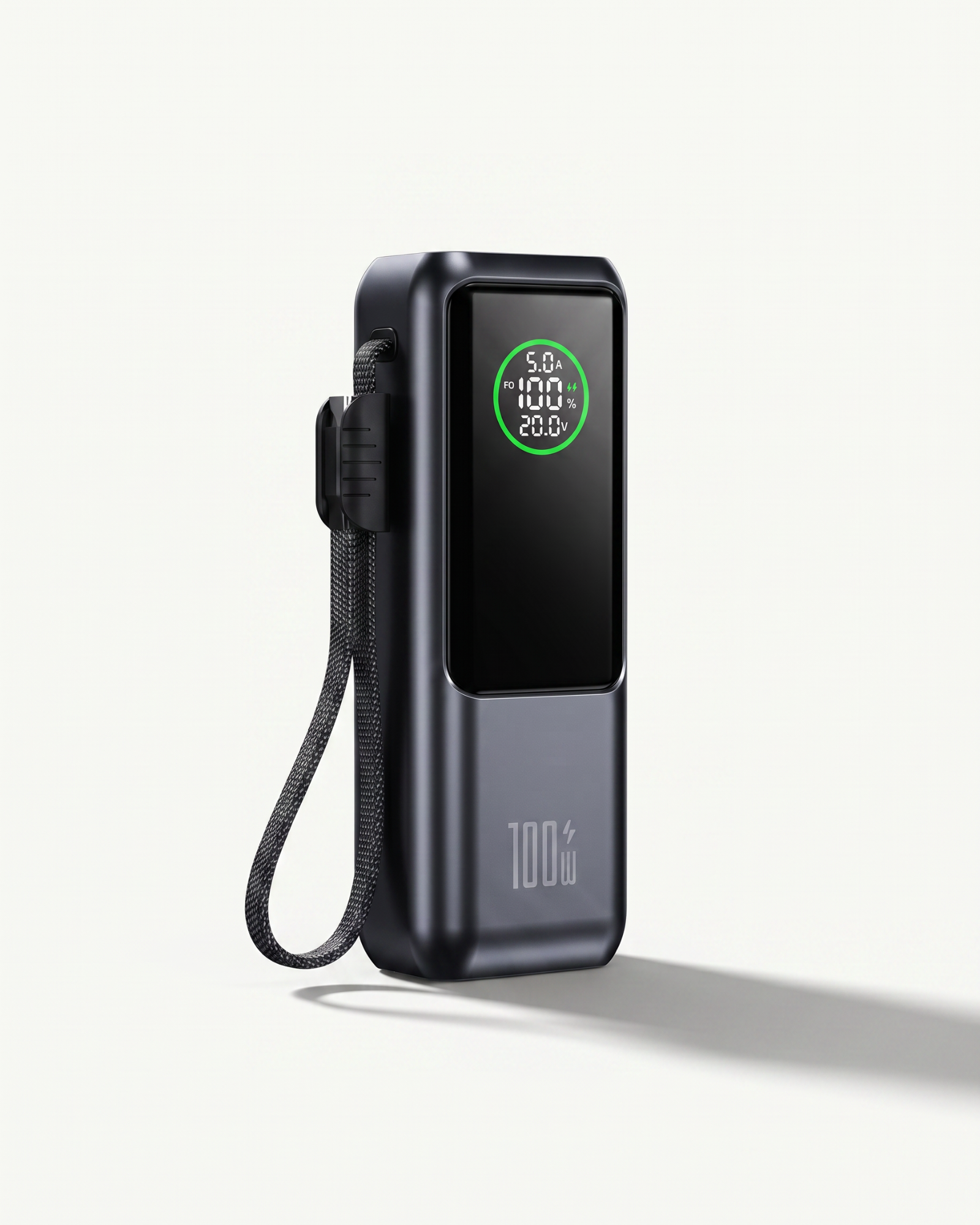 26800mAh gunmetal grey portable power bank with glowing green LCD charge display