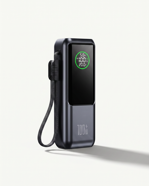 26800mAh gunmetal grey portable power bank with glowing green LCD charge display