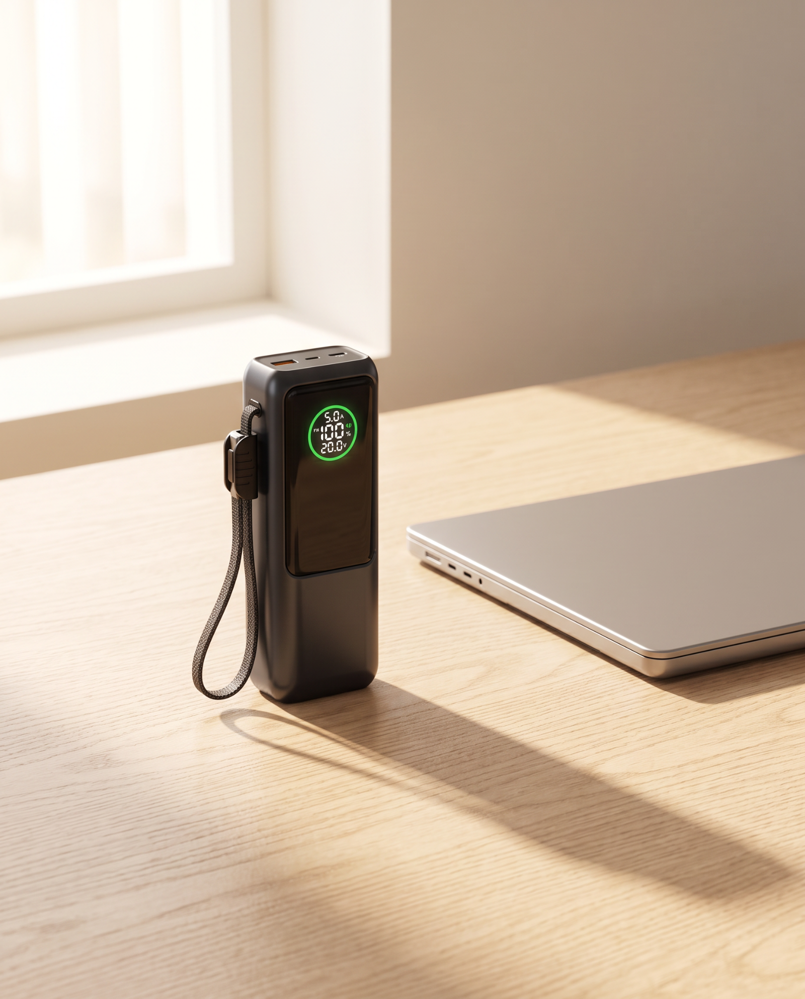 26800mAh power bank with glowing green display on a pale oak desk beside a laptop