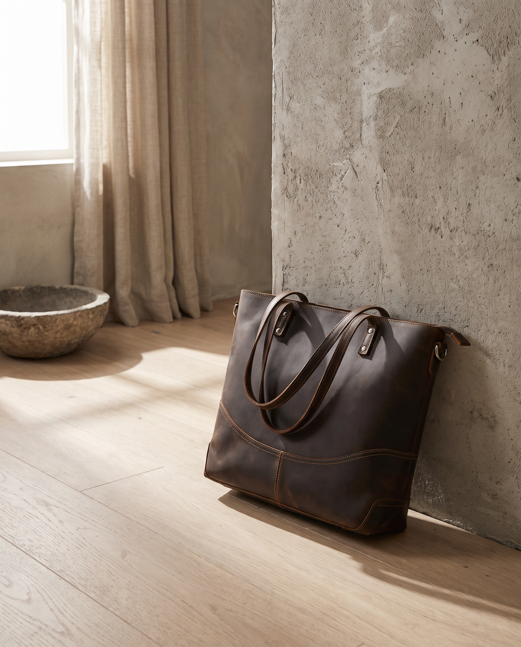 Dark brown crazy horse leather tote resting against a stone wall in a calm sunlit interior