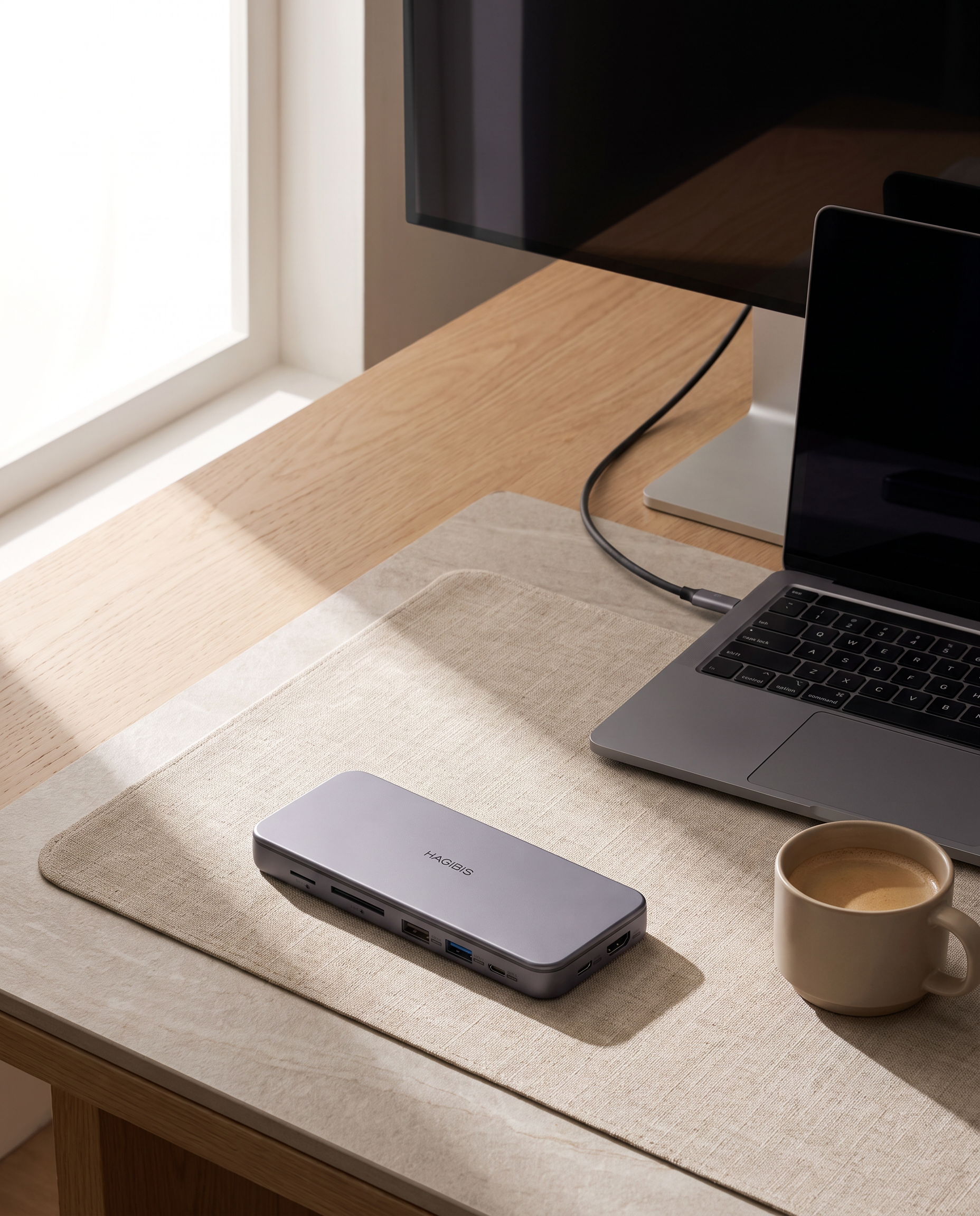 A gray rectangular hub with multiple ports sits on a beige desk mat on a wooden desk, next to an open laptop, a coffee cup, and a window with natural light.