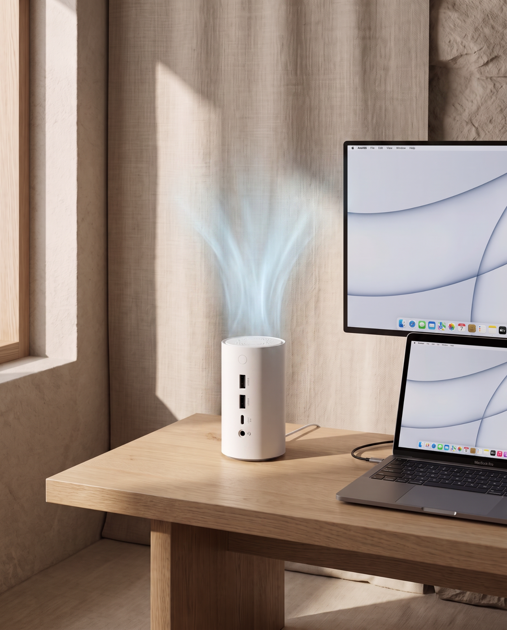 The docking station on a wooden desk releasing its ioniser mist, beside a laptop and stacked monitors