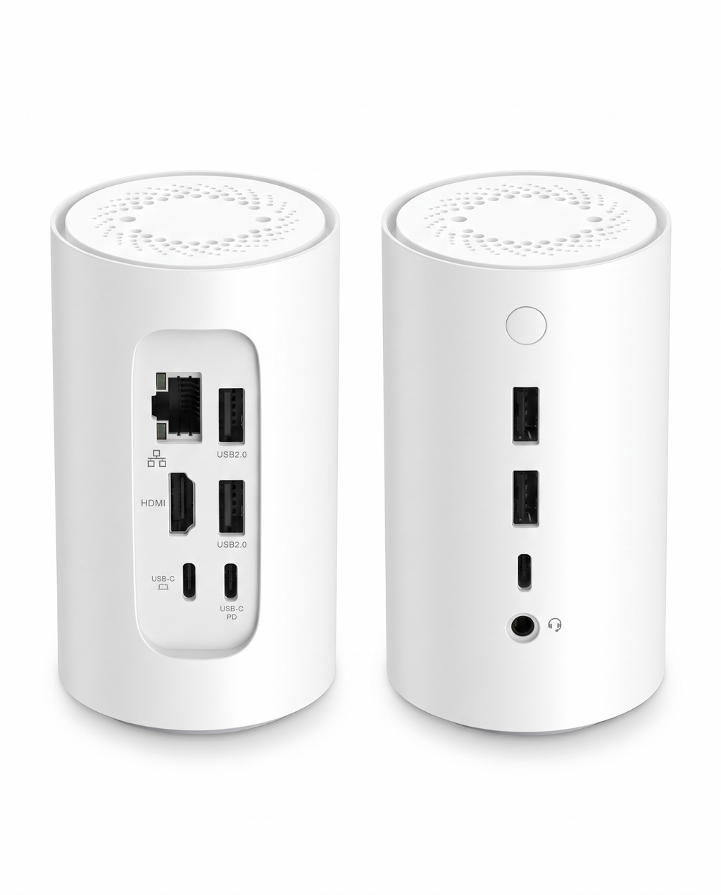 The docking station shown front and back, so both port faces are visible