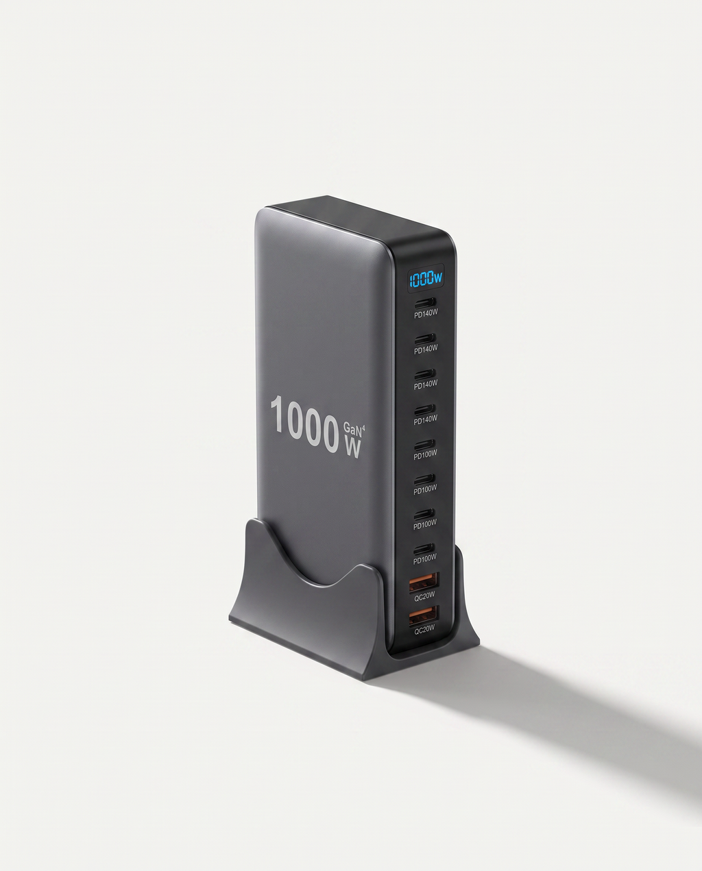 10-port GaN desktop charging station in dark gray with illuminated 1000W display