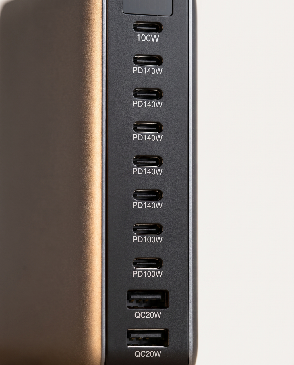 Close-up of the USB-C and USB-A port row on the 10-port GaN desktop charging station