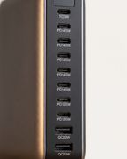 Close-up of the USB-C and USB-A port row on the 10-port GaN desktop charging station
