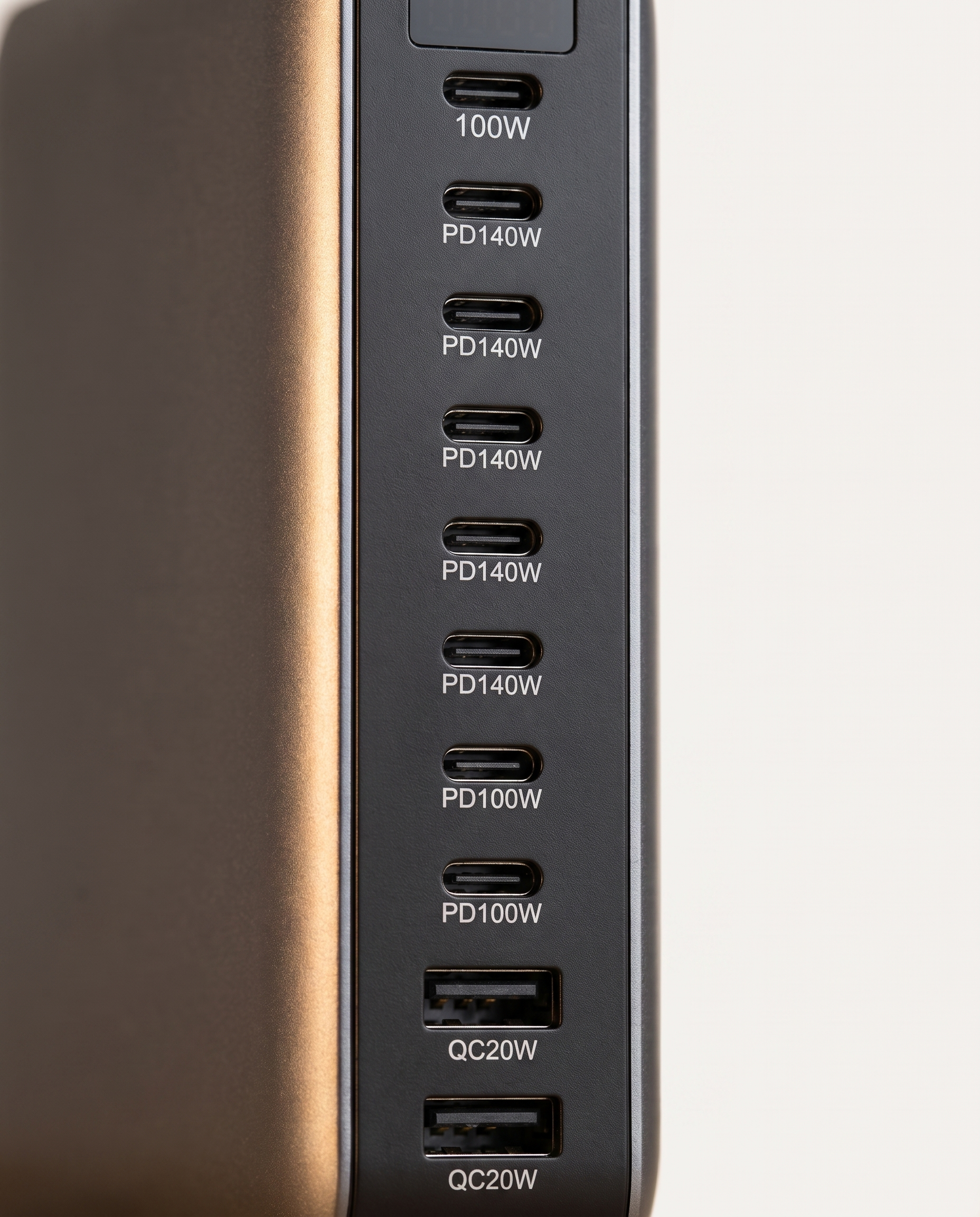Close-up of the USB-C and USB-A port row on the 10-port GaN desktop charging station