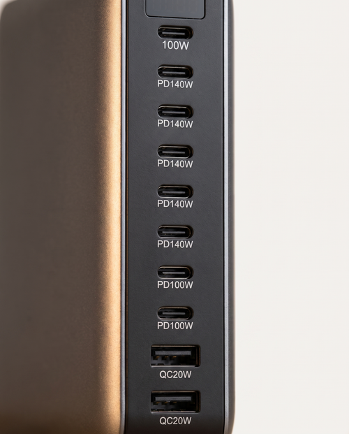Close-up of the USB-C and USB-A port row on the 10-port GaN desktop charging station