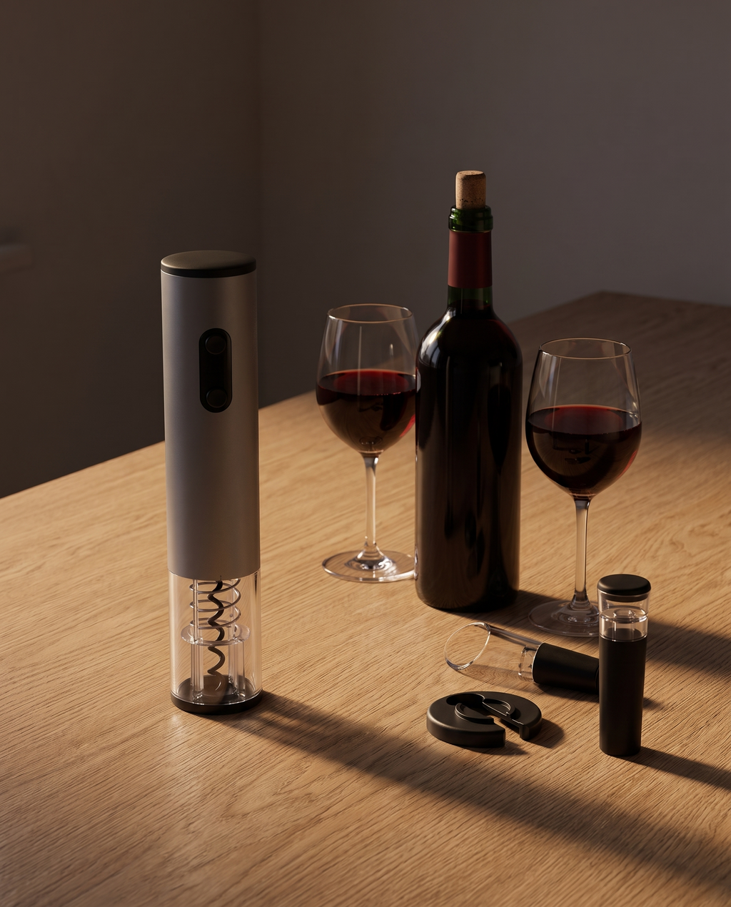 The wine opener set on a warm oak table at dusk, beside an opened bottle of red wine and two glasses