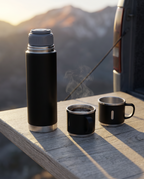 The flask set at dawn on a stone ledge, coffee steaming in one of the cups