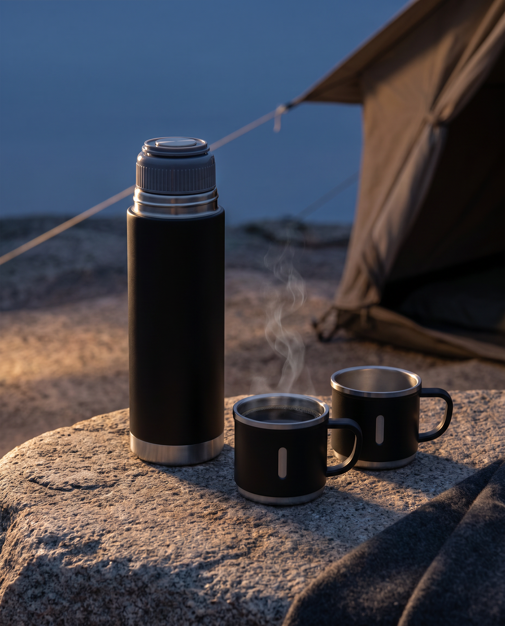 The flask set at blue hour on a granite boulder beside a folded wool blanket at camp