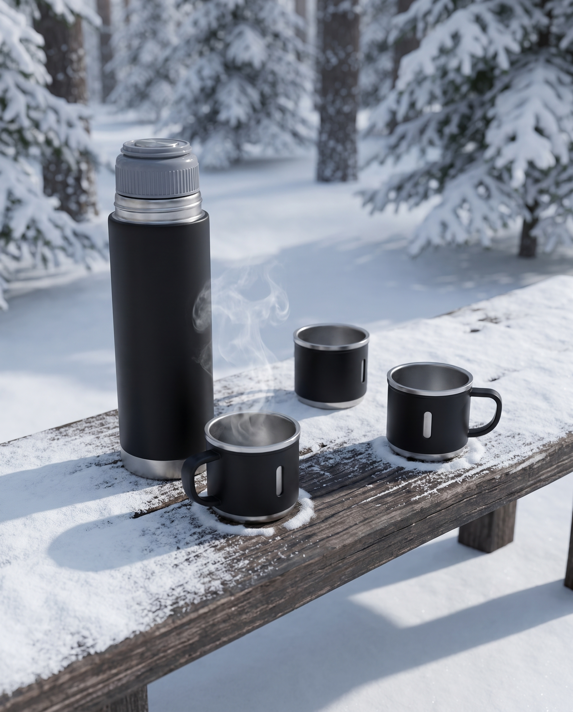 The flask set on a snow-dusted timber bench in a winter pine wood, steam rising from a cup