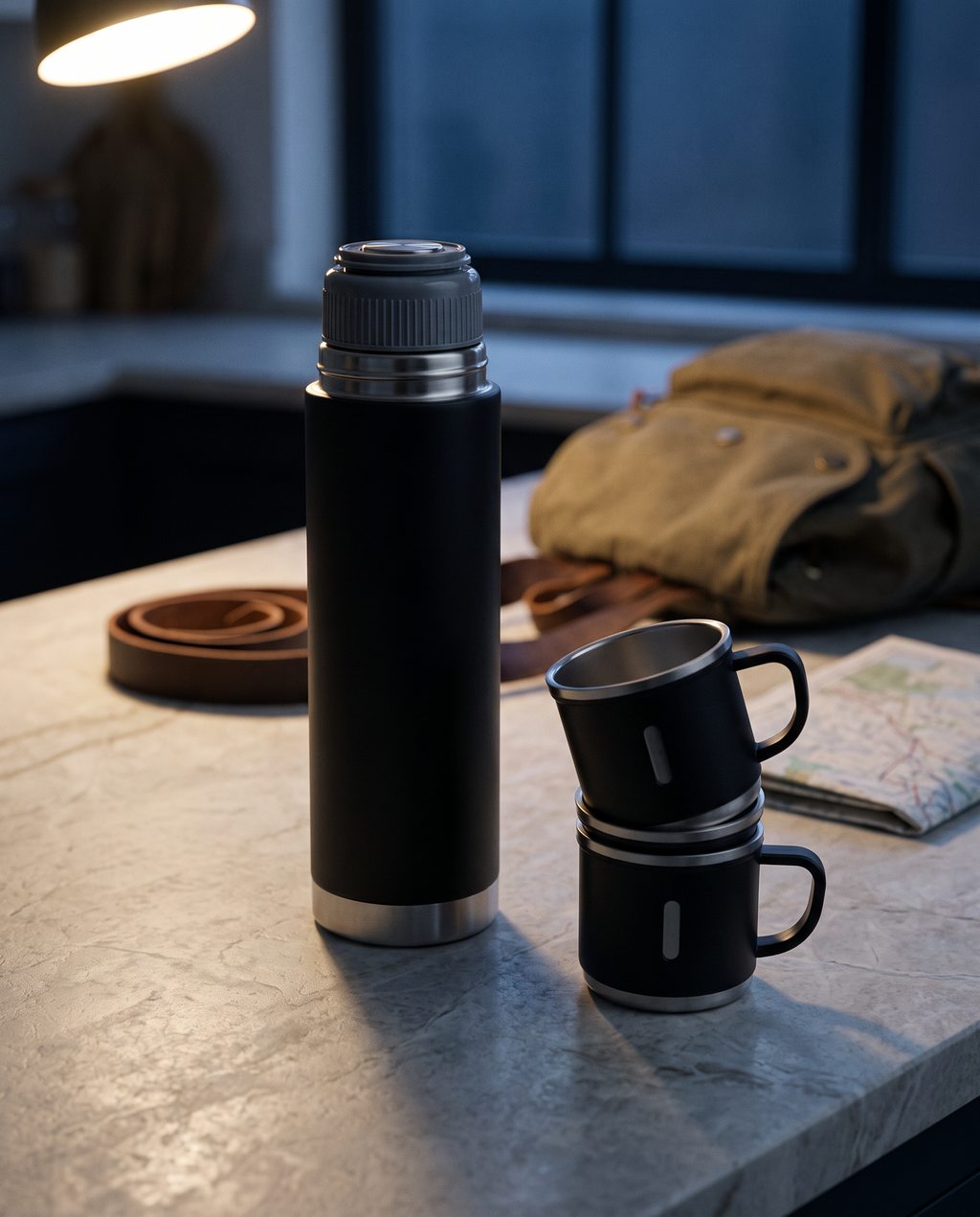 The flask and nested cups on a stone worktop before dawn, beside a half-packed daypack