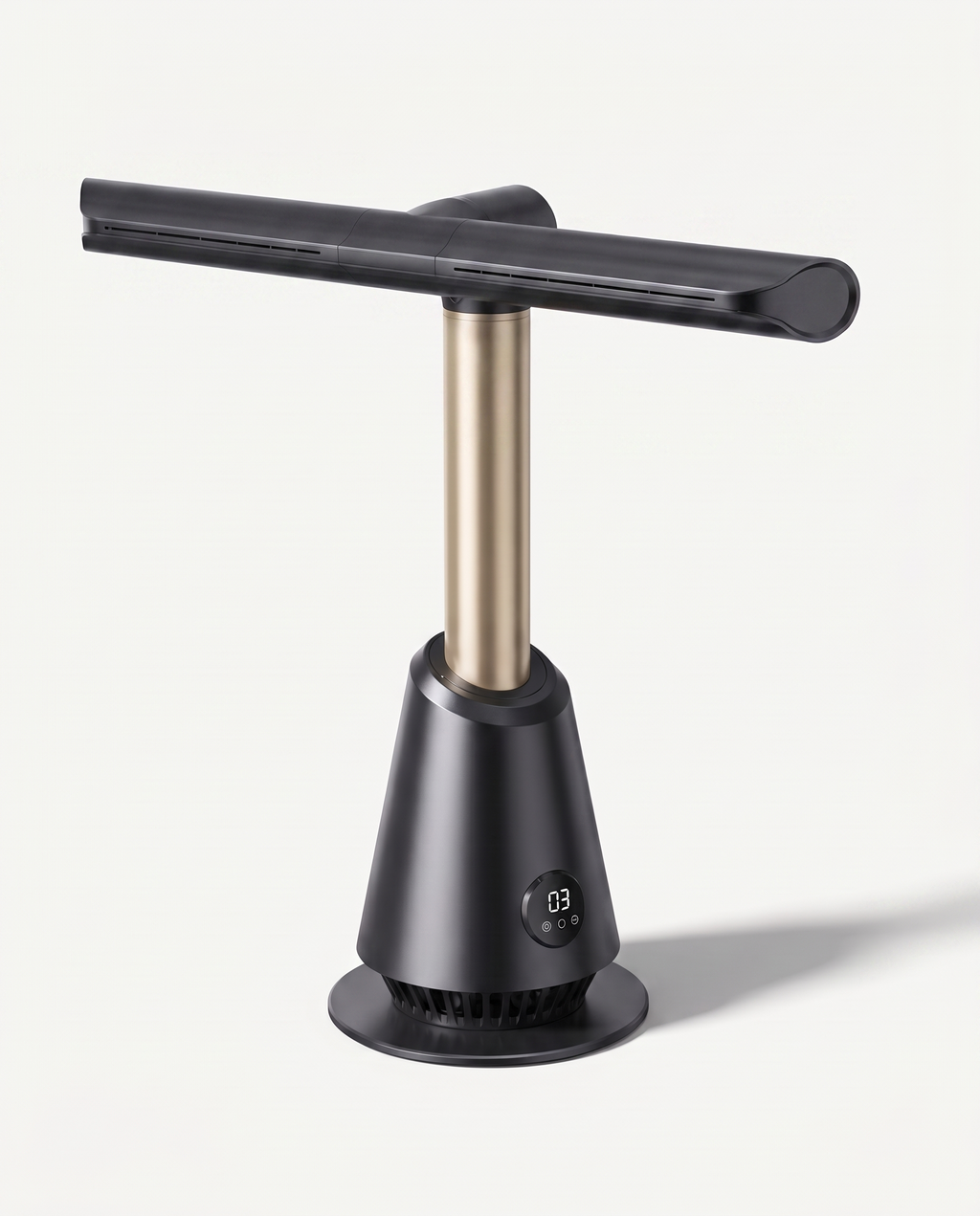 Matte black bladeless tower fan with telescopic column extended, shown three-quarter front on a soft white studio background