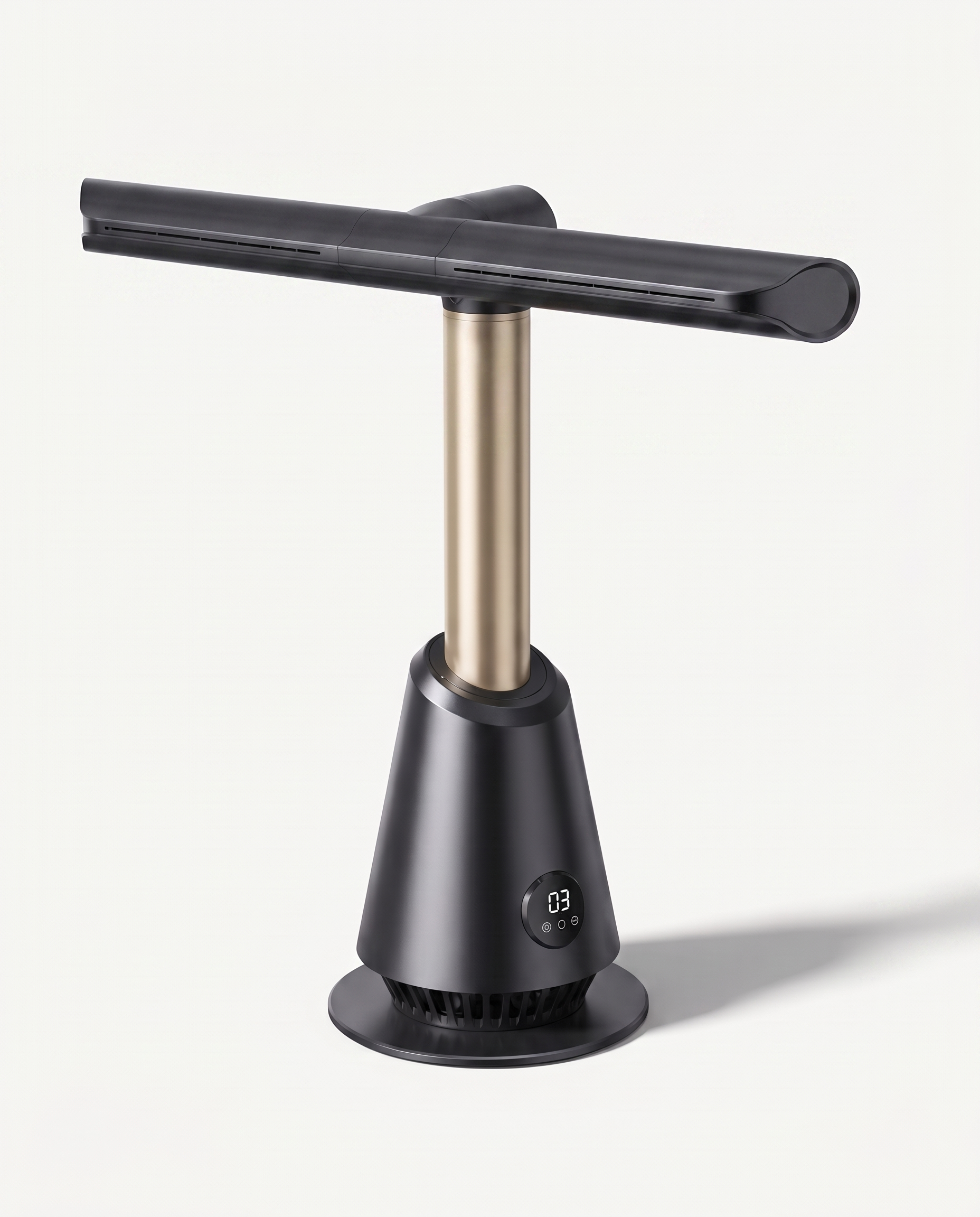 Matte black bladeless tower fan with telescopic column extended, shown three-quarter front on a soft white studio background