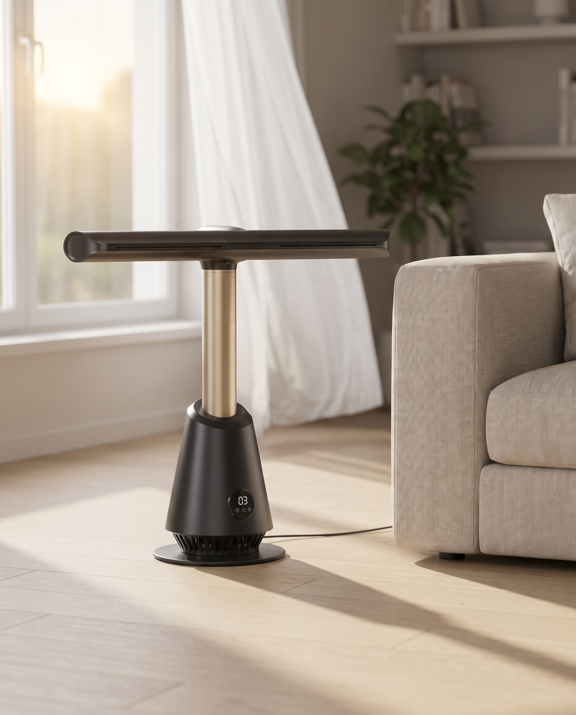 The bladeless tower fan on a pale oak floor beside a linen sofa on a summer afternoon
