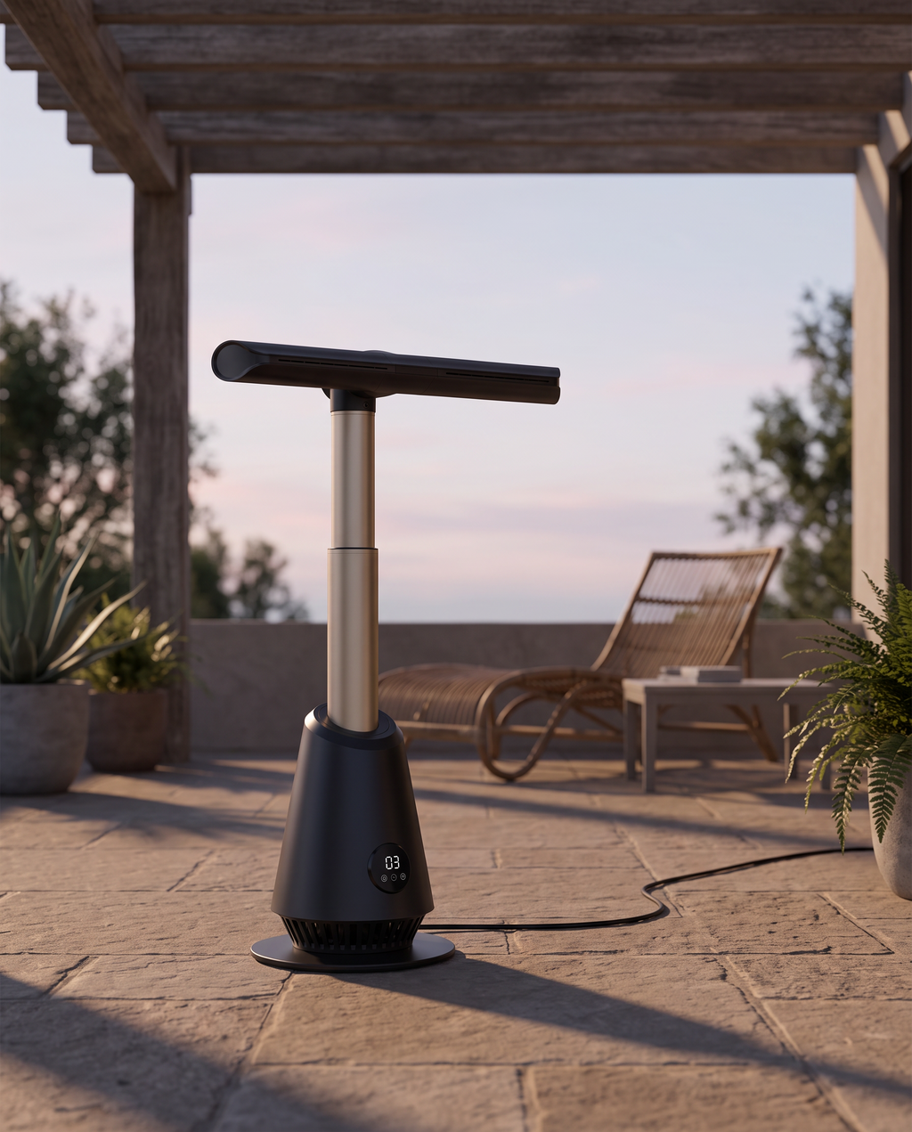 The tower fan on stone paving under a timber pergola at dusk, for covered outdoor use