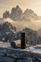 A matte black insulated travel tumbler stands on a stone ledge outdoors, with a rolled gray blanket and brown leather gloves beside it, set against a dramatic mountain landscape at sunrise or sunset.