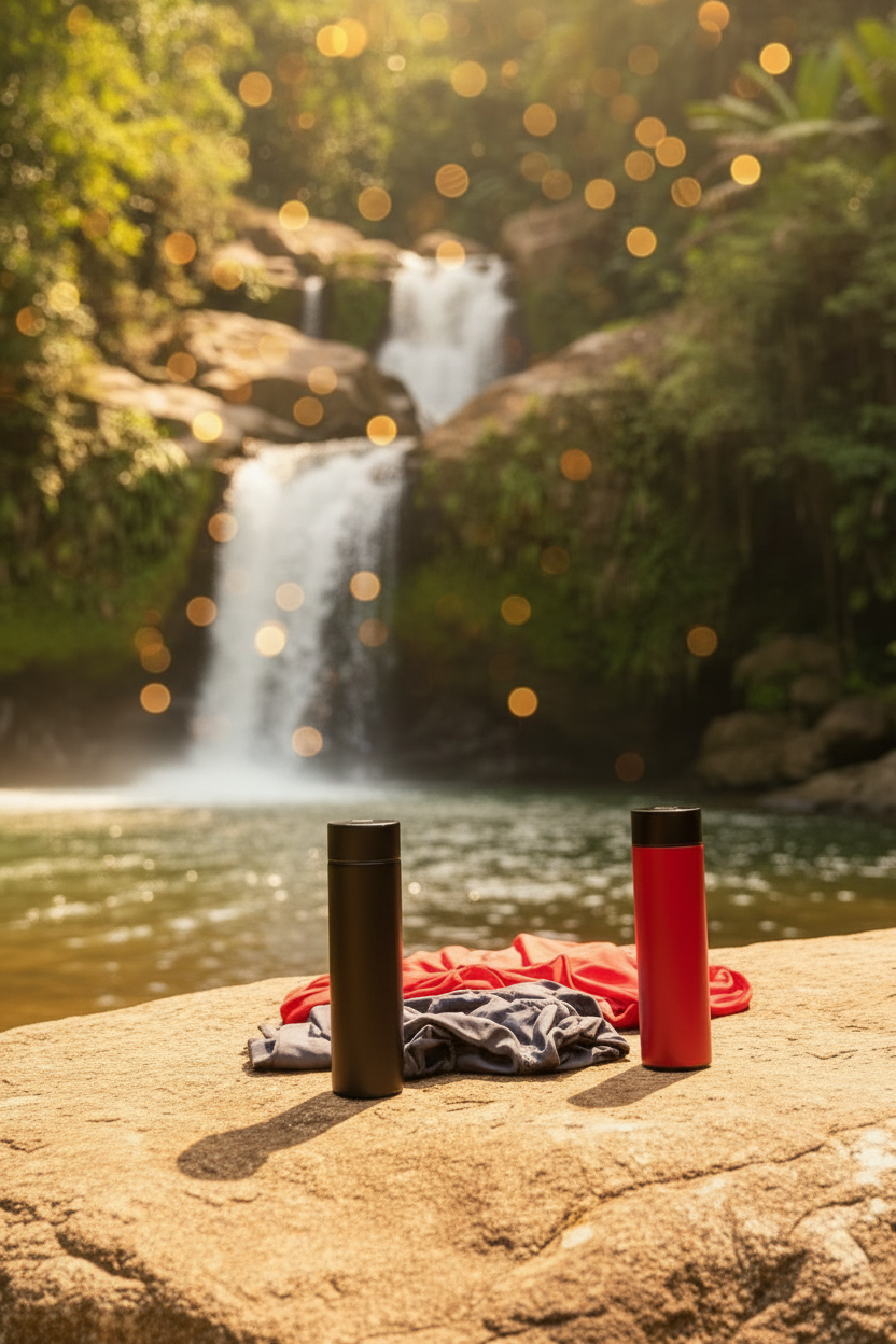 Two insulated travel tumbler bottles, one black and one red, standing on a rock with a red and gray cloth in between, set against a blurred natural background of a waterfall and forest.