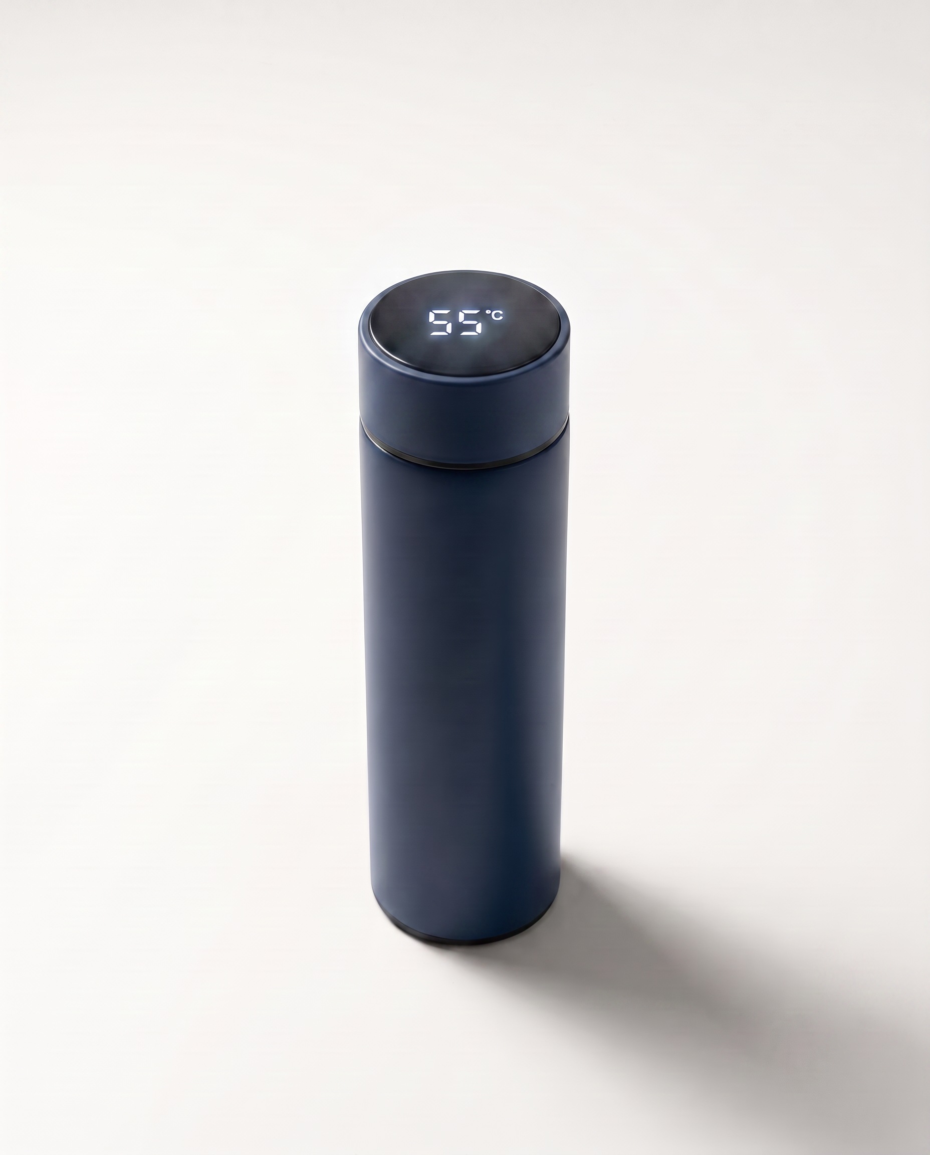 LED thermos cup in navy blue, lid display lit and reading 55°C