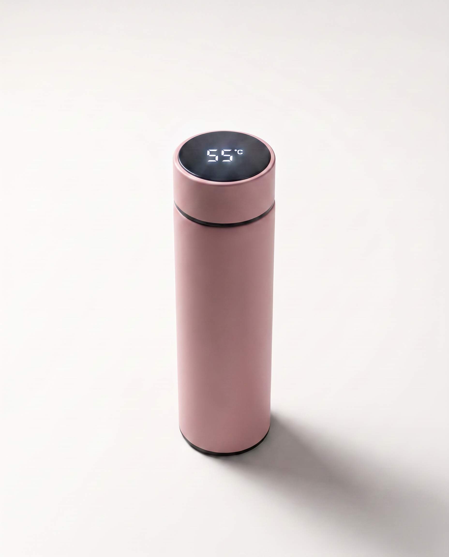 LED thermos cup in dusty rose pink, lid display lit and reading 55°C