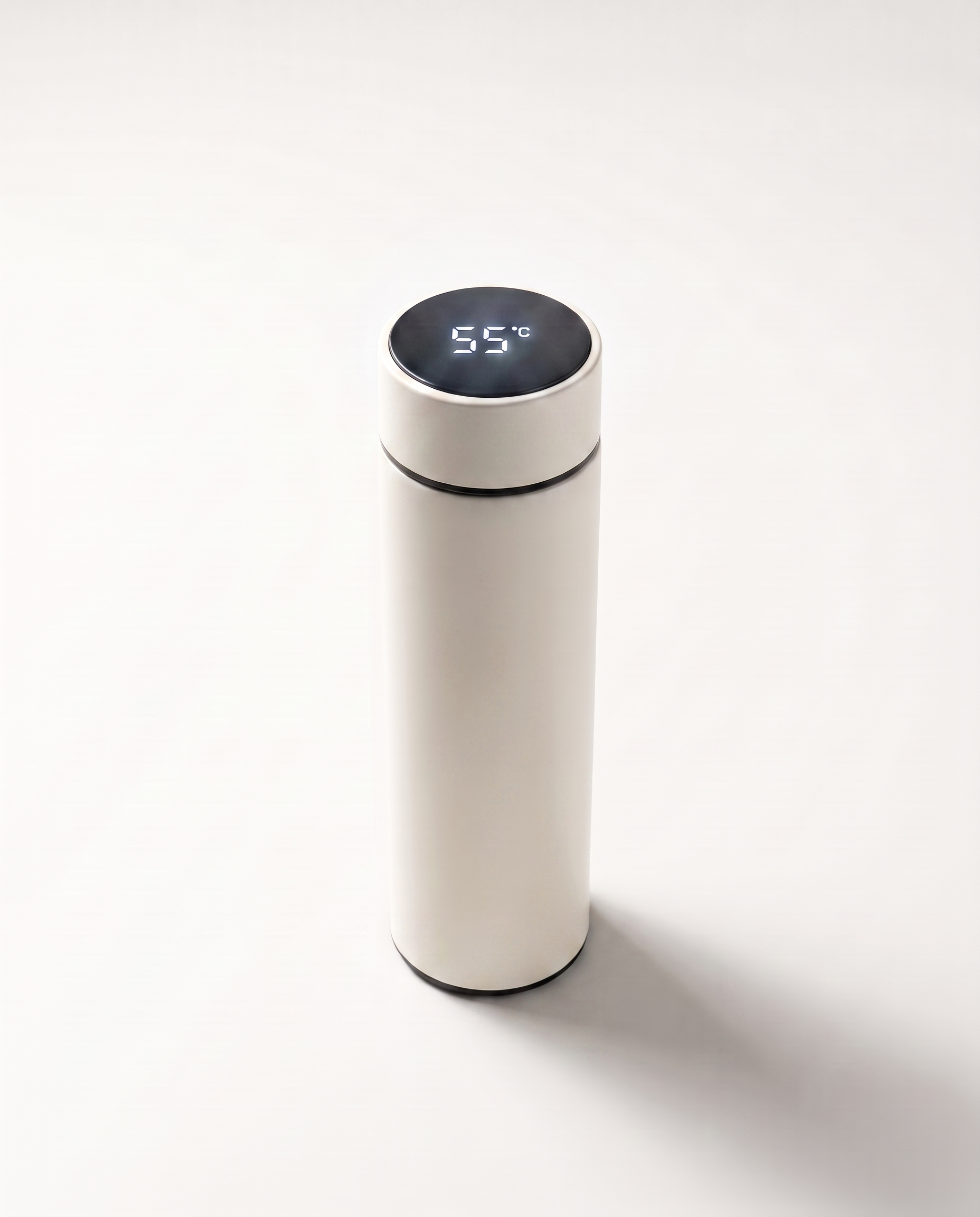 LED thermos cup in off-white, lid display lit and reading 55°C