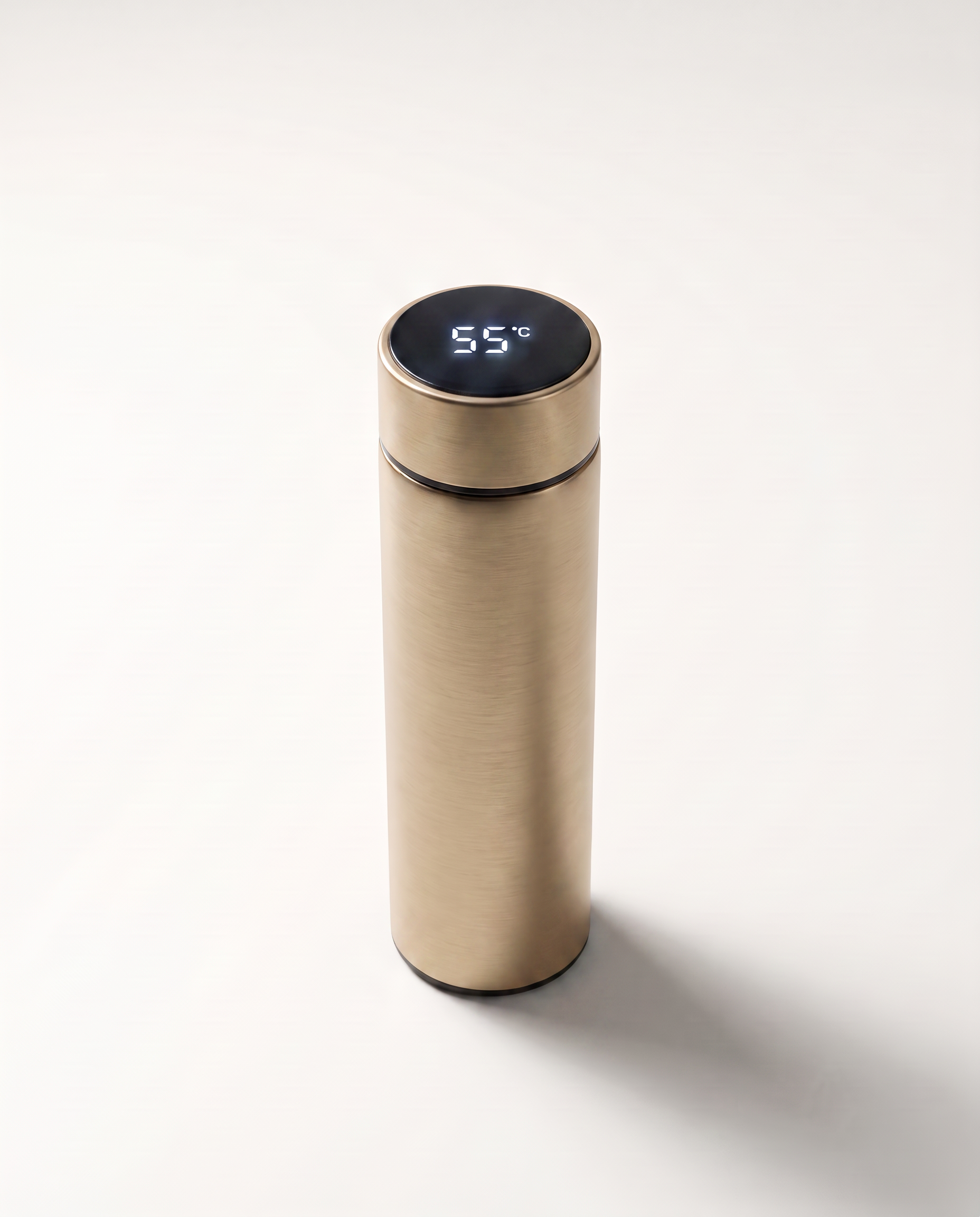 LED thermos cup in champagne gold, lid display lit and reading 55°C
