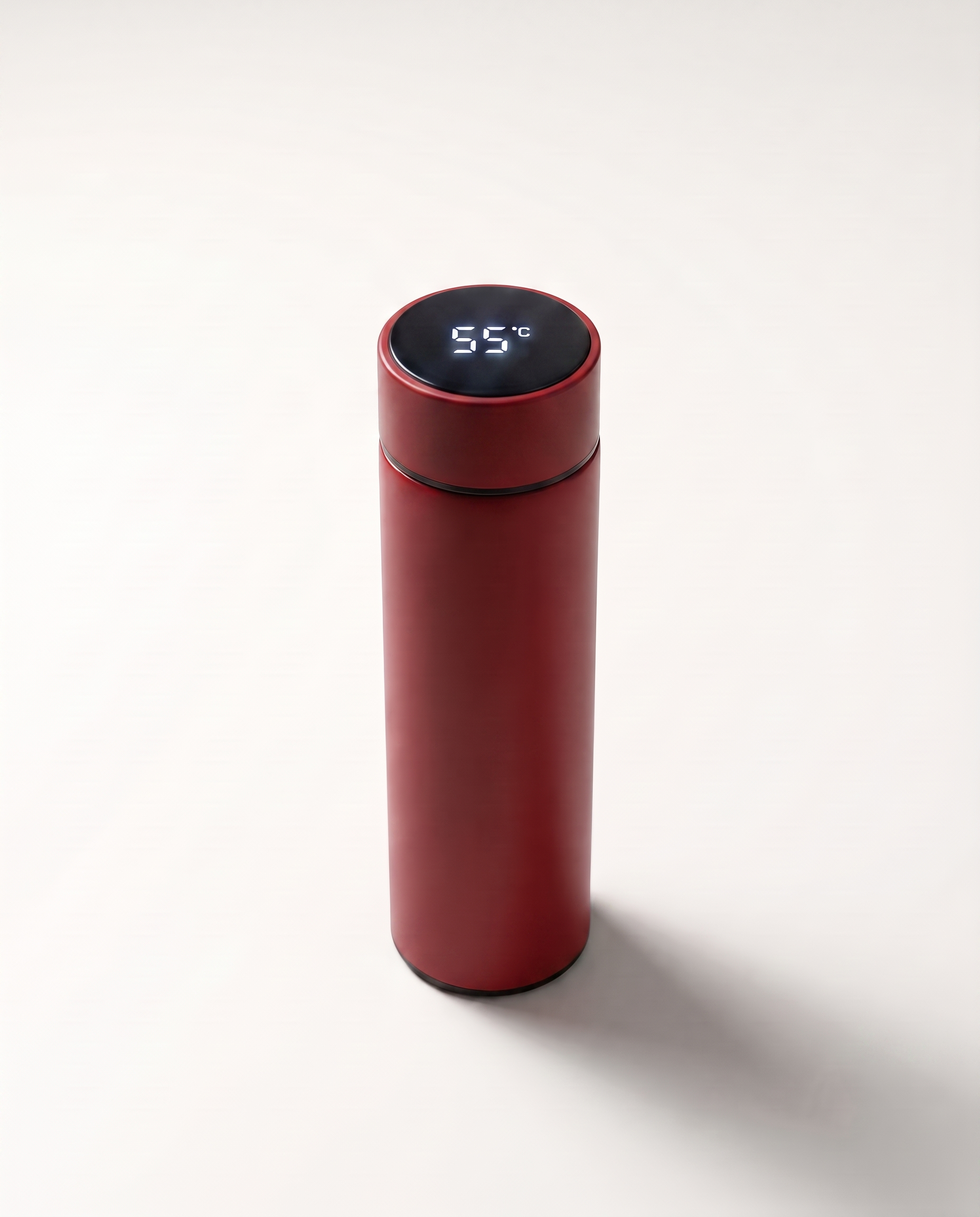 LED thermos cup in deep red, lid display lit and reading 55°C