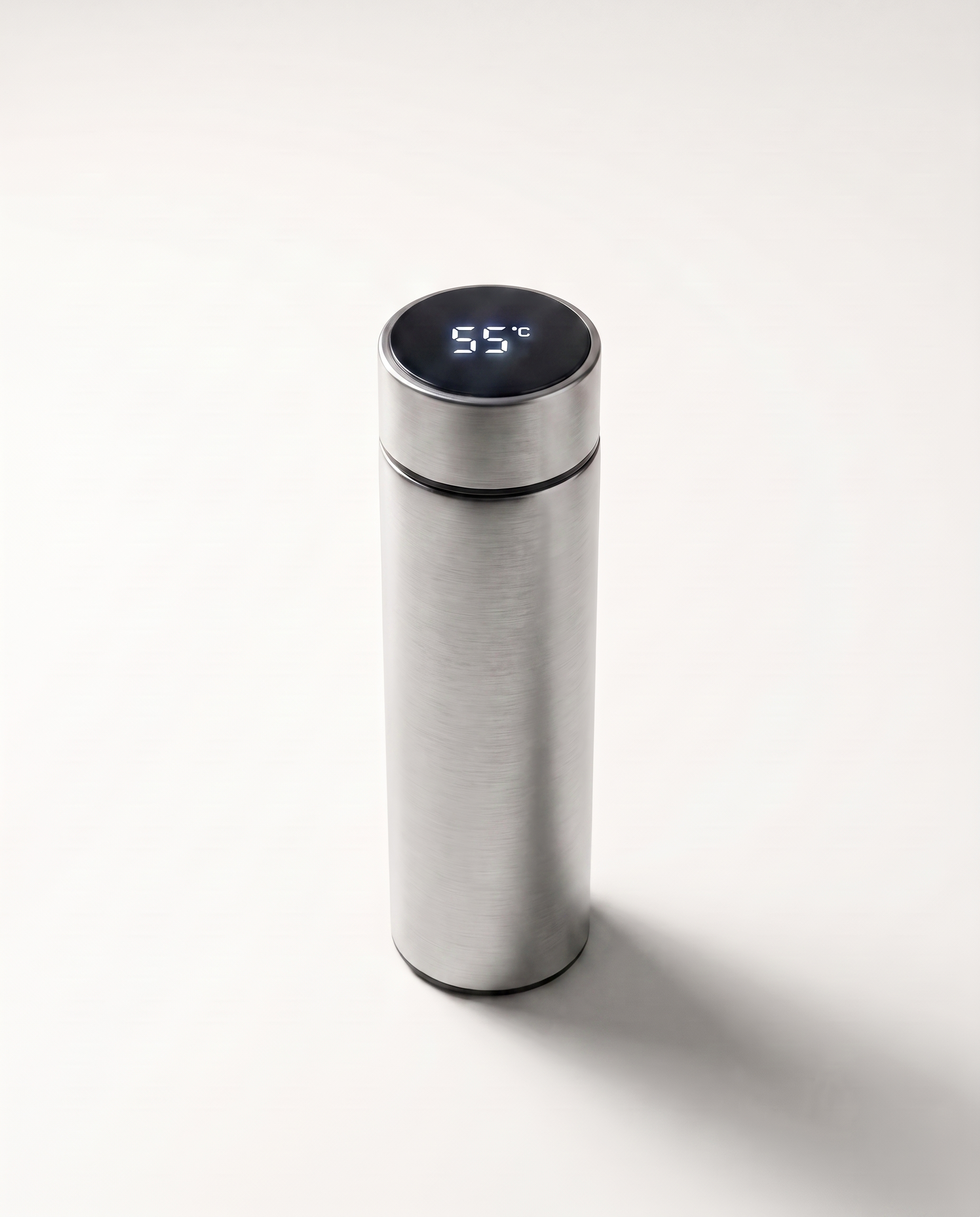 LED thermos cup in brushed silver, lid display lit and reading 55°C