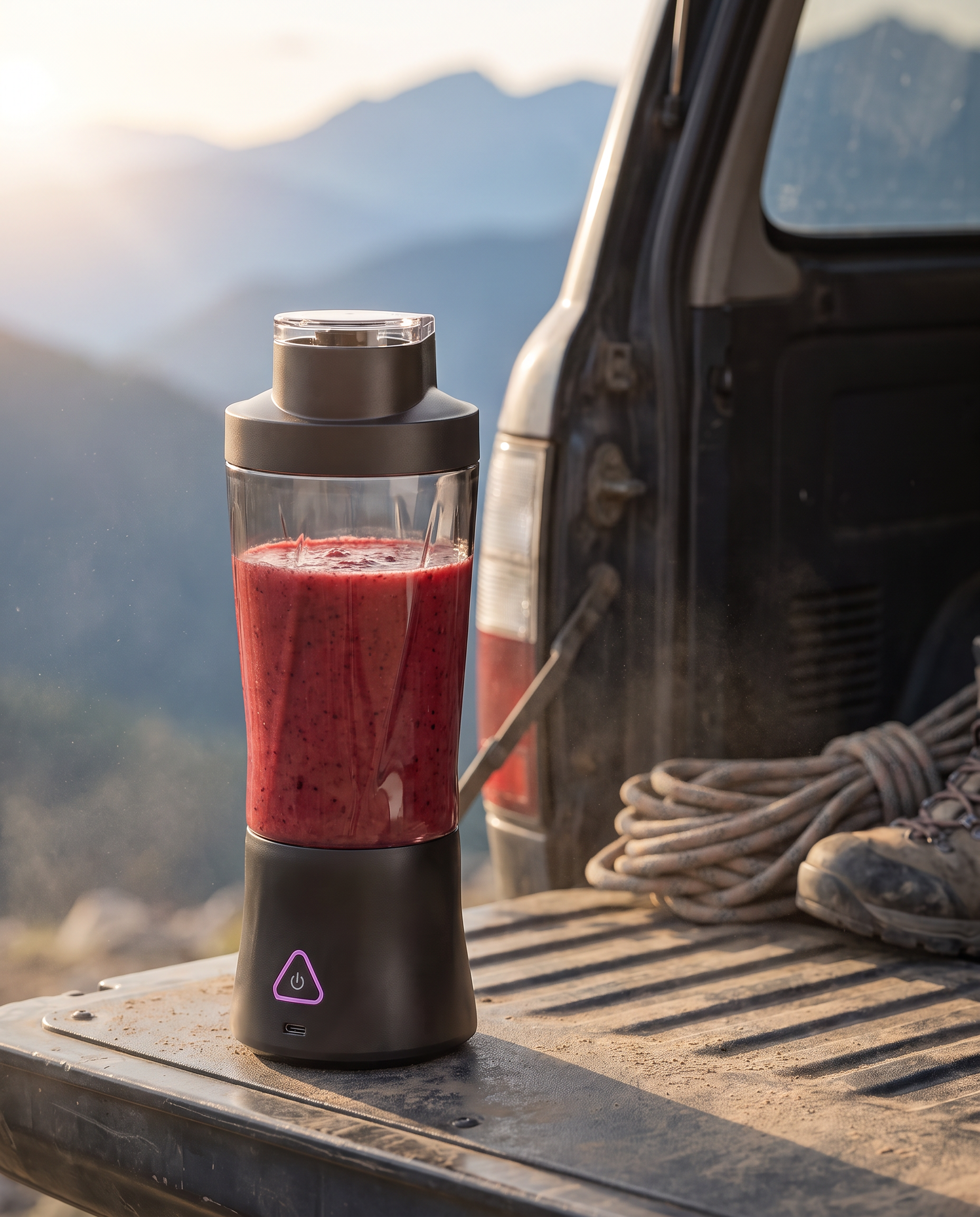 The portable blender on a 4x4 tailgate at a trailhead at sunrise, filled with a berry smoothie