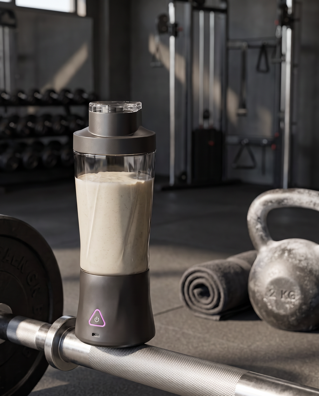 The portable blender in a gym beside a barbell and kettlebell, filled with a protein shake