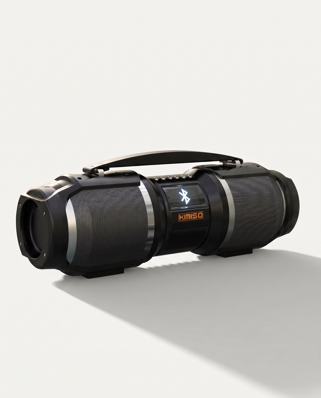 Bluetooth party speaker in matte black, horizontal cabinet with carry handle and lit Bluetooth display, on a soft white background