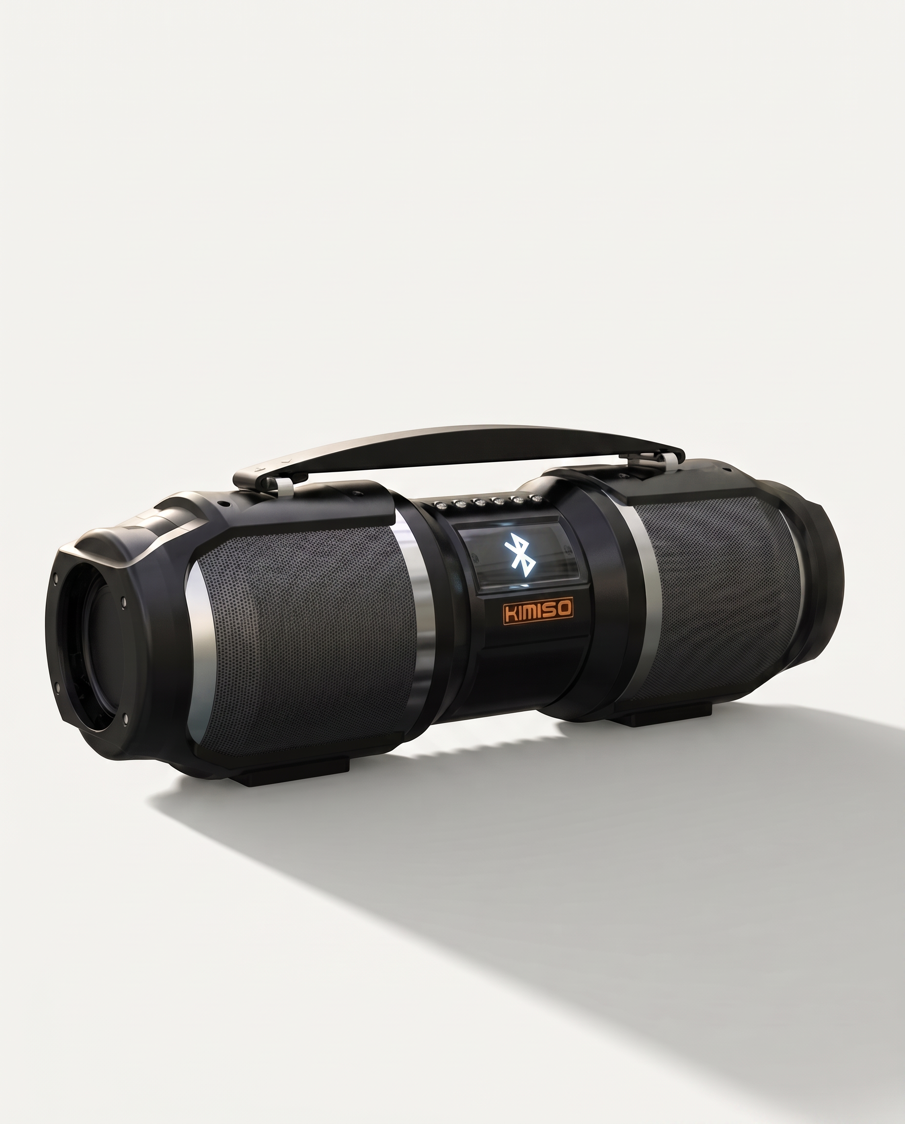 Bluetooth party speaker in matte black, horizontal cabinet with carry handle and lit Bluetooth display, on a soft white background