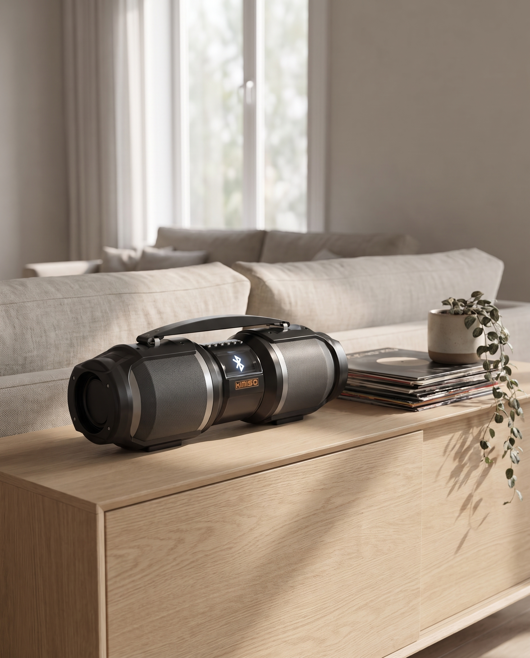 The Bluetooth speaker on an oak sideboard in a living room in afternoon light
