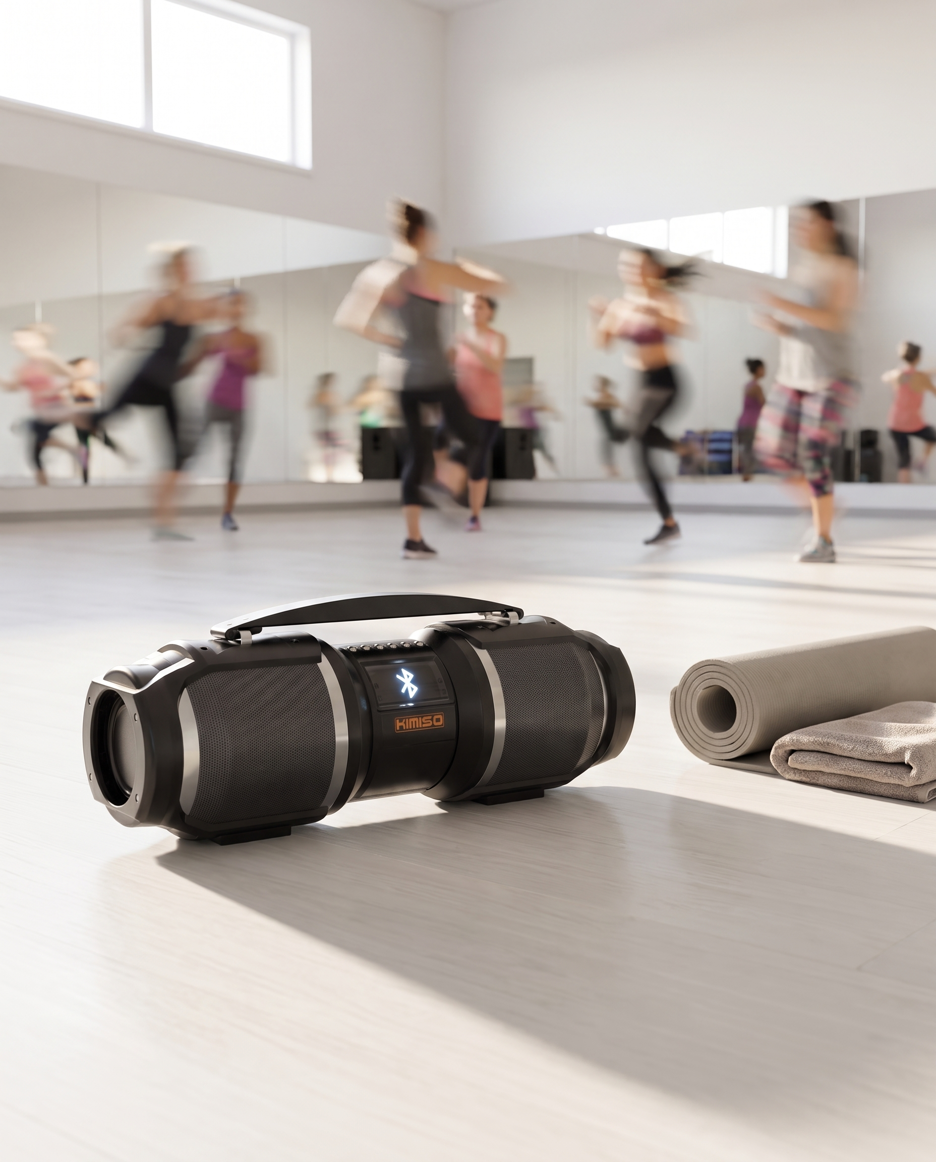 The Bluetooth speaker on the floor of a dance fitness studio with a class moving behind