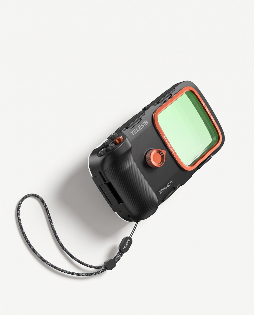 Black underwater phone housing with an orange-framed port and braided safety strap, shown against soft white.