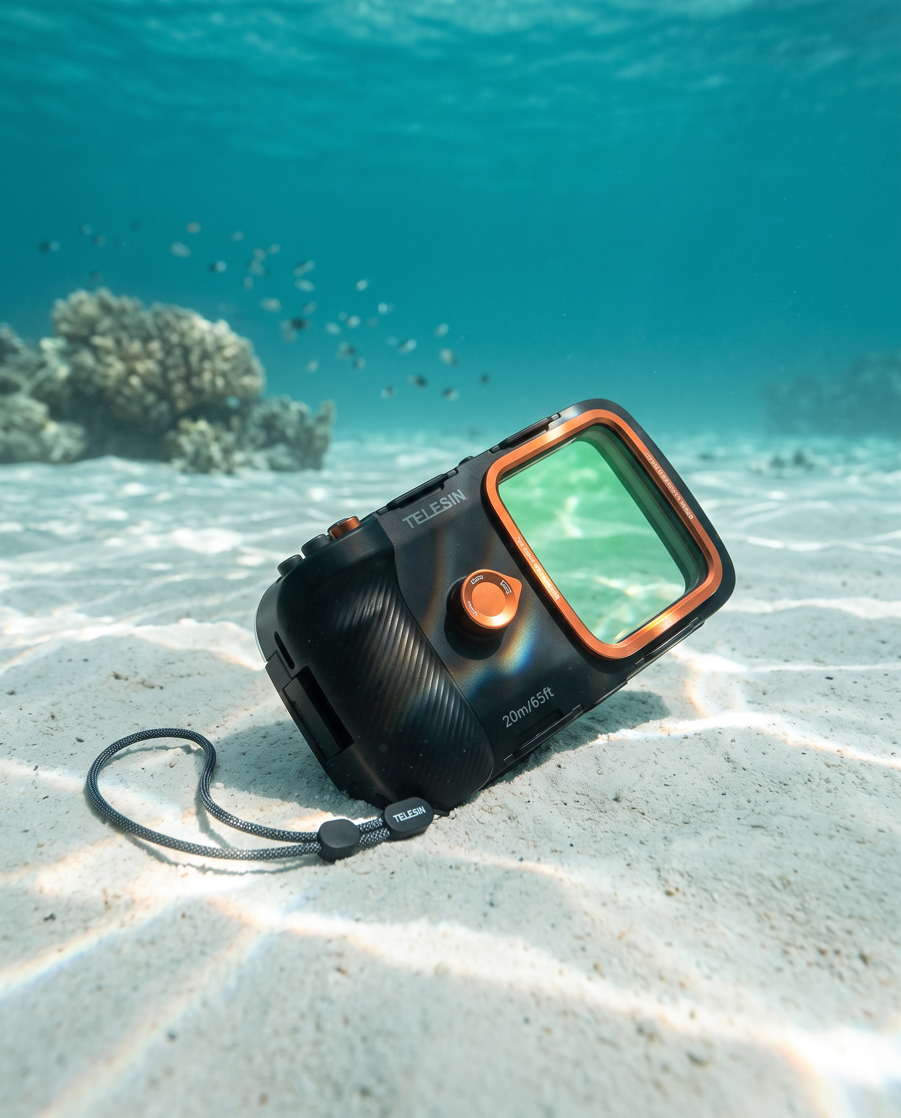 The housing on a sunlit reef floor, dappled light moving across the sand around it.