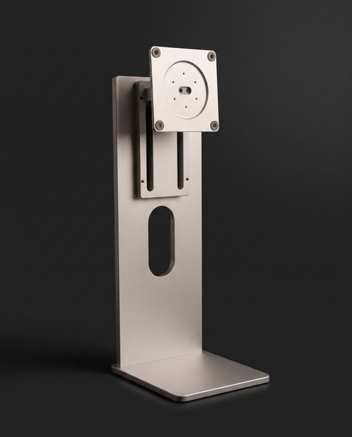 The height-adjustable version of the aluminium monitor stand, with the VESA plate carried on a sliding lift carriage.