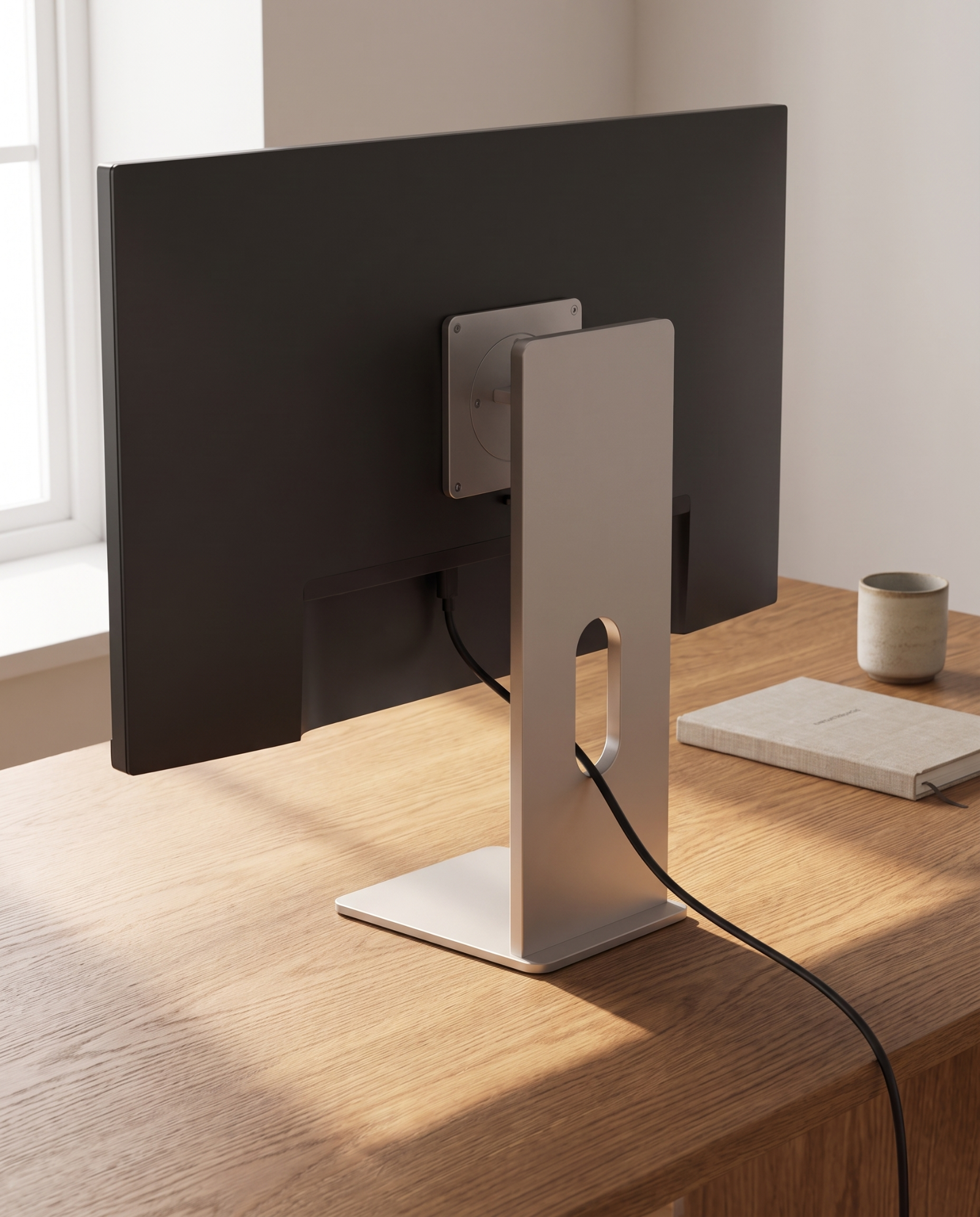 A monitor mounted on the aluminium stand on a warm oak desk in soft morning light.