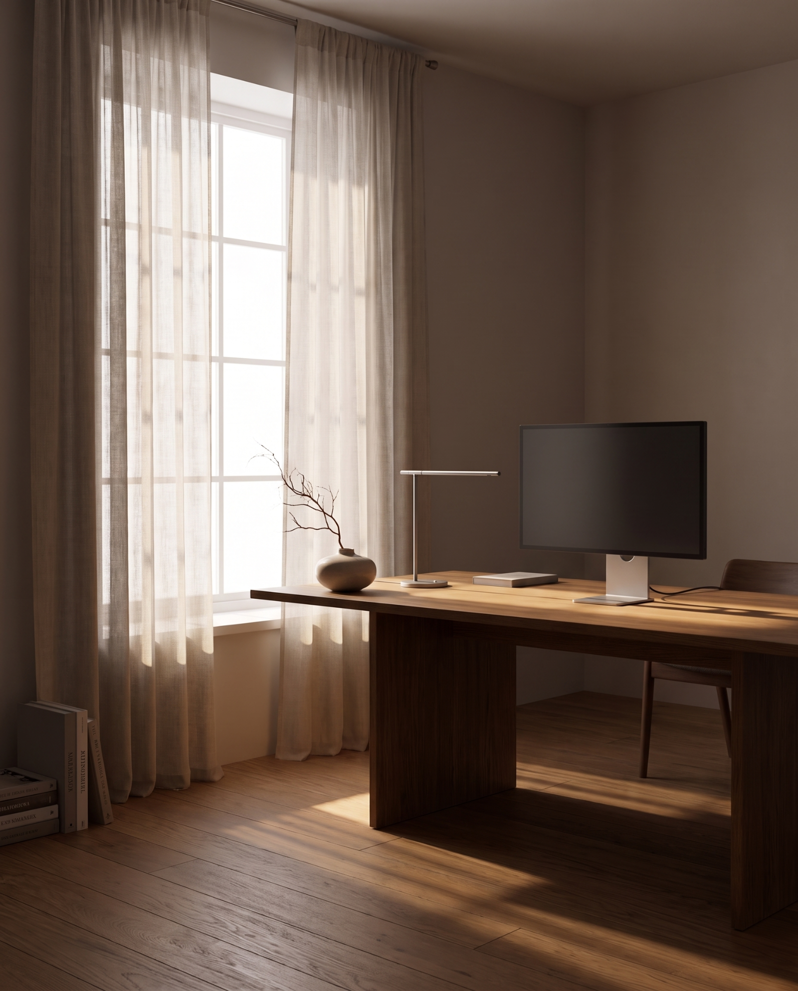 The monitor stand on a desk beside a tall curtained window, seen across the room in warm afternoon light.