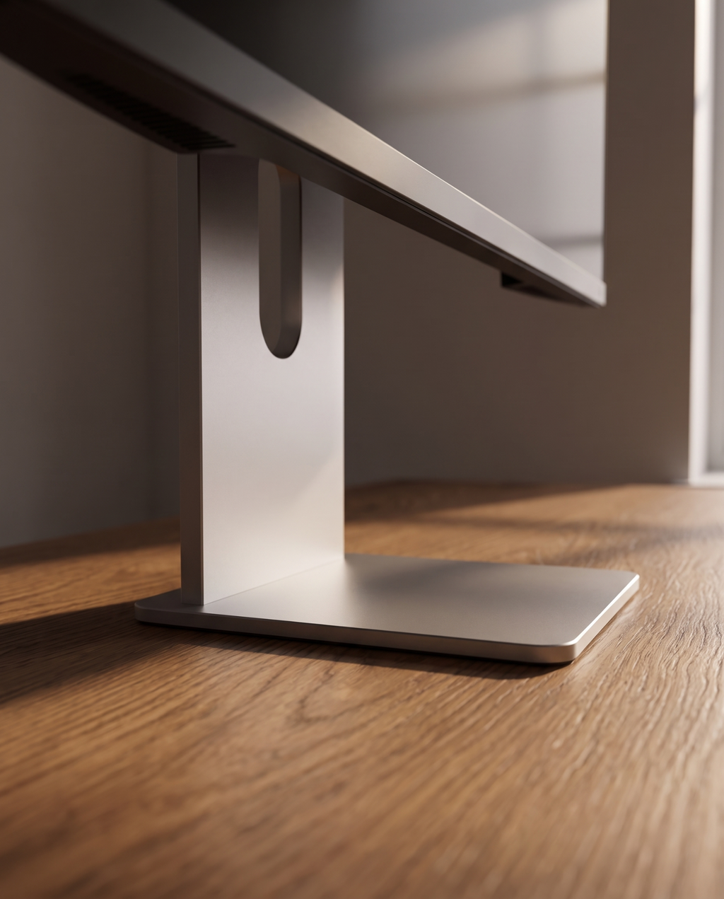 Low angle view along the desk, the weighted base close in the foreground and the aluminium column rising behind it.