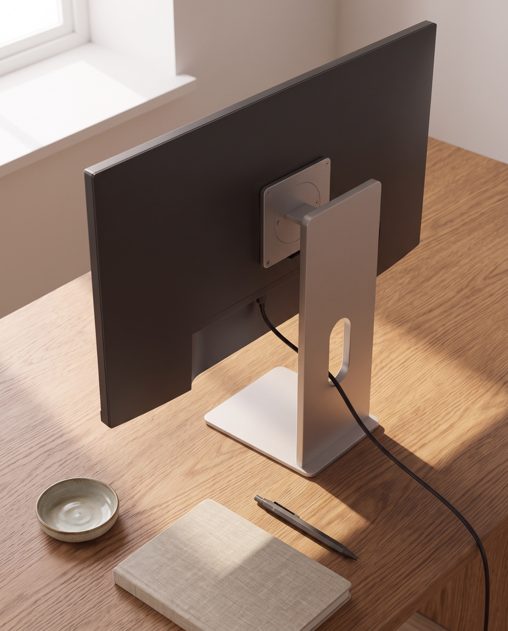 Overhead view across the desk, showing the flat weighted base alongside a notebook, pen and ceramic dish.