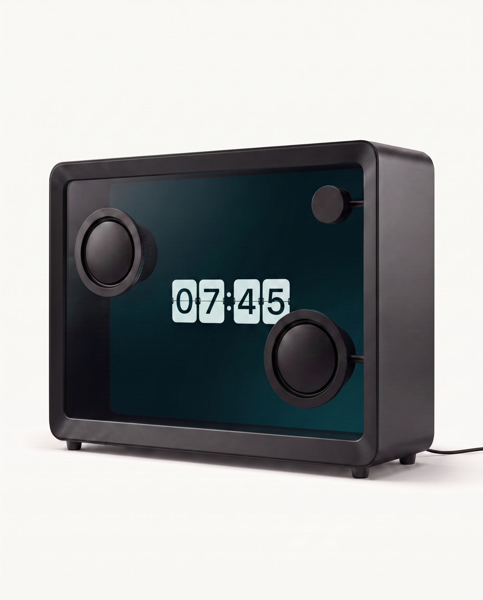 Floating lyrics speaker in idle mode showing a flip clock on its transparent screen