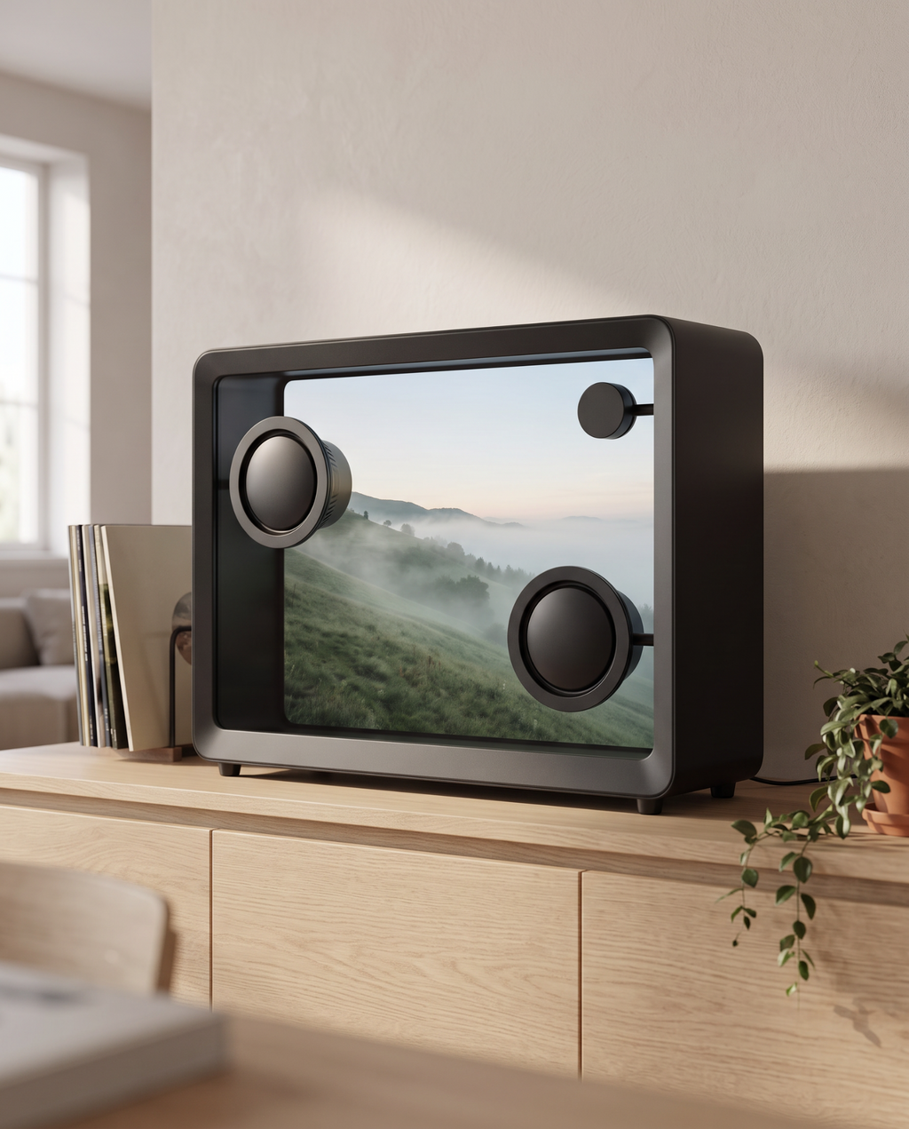Transparent screen speaker on an oak sideboard in morning light beside vinyl records